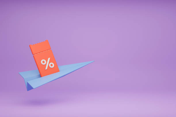 istock Plane with red coupon with discounts on lilac background. 3d voucher gift. A ticket with a percentage discount. 3d rendering illustration. 1389258557