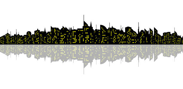 ilustrações, clipart, desenhos animados e ícones de paisagem urbana de arranha-céus pretos com janelas amarelas, com reflexão - window reflection
