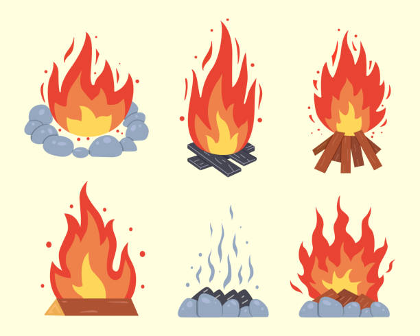 ilustrações, clipart, desenhos animados e ícones de fogueira de diferentes tipos. armações de fogueira de queima de vetores. coleção de fogo de acampamento. lareira com carvão de fogo ou lenha em conjunto estilo desenho animado. - campfire coal burning flame