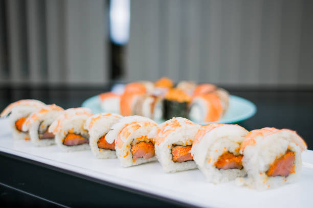 istock a Japanese roll with shrimp and salmon with white rice 1389262288