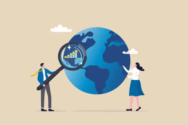 Vector illustration of World economic analysis, global investment or international business opportunity research, forecast and analyze financial information concept, businessman with magnifier on globe with chart and graph.