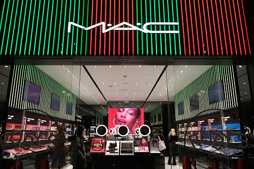 Shanghai,China-Dec.31st 2021: facade of MAC Cosmetics store and customers inside. Beauty and makeup brand