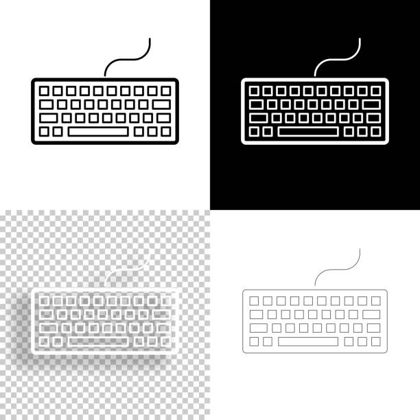 Keyboard. Icon for design. Blank, white and black backgrounds - Line icon Icon of "Keyboard" for your own design. Four icons with editable stroke included in the bundle: - One black icon on a white background. - One blank icon on a black background. - One white icon with shadow on a blank background (for easy change background or texture). - One line icon with only a thin black outline (in a line art style). The layers are named to facilitate your customization. Vector Illustration (EPS10, well layered and grouped). Easy to edit, manipulate, resize or colorize. Vector and Jpeg file of different sizes. typing on computer keyboard stock illustrations