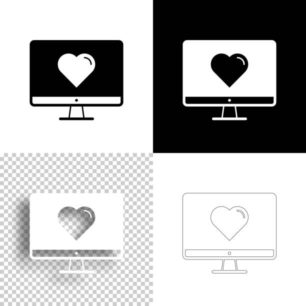 desktop-computer mit herz. icon für design. leere, weiße und schwarze hintergründe - liniensymbol - light effect black background love black stock-grafiken, -clipart, -cartoons und -symbole