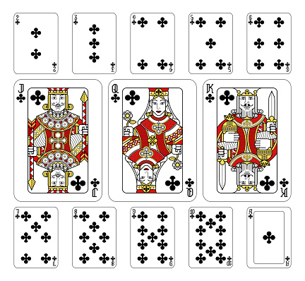 Playing cards clubs set in red, yellow and black from a new modern original complete full deck design. Standard poker size.
