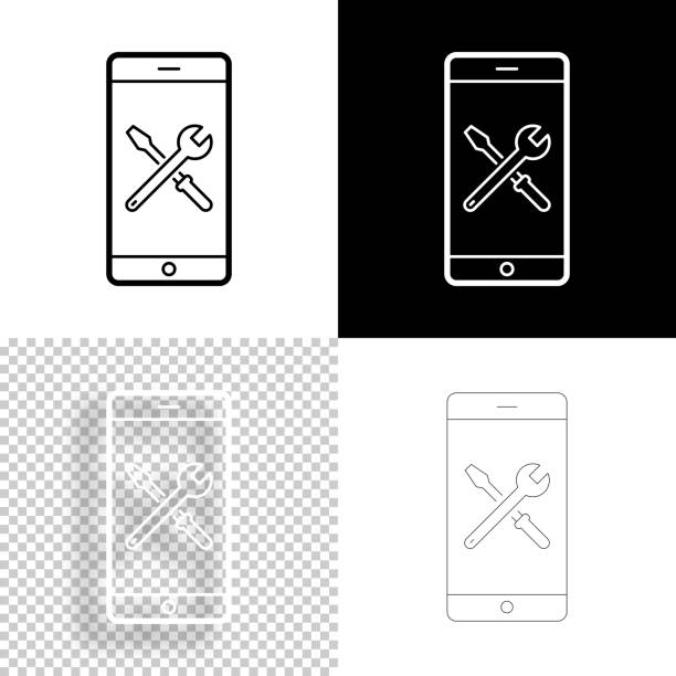 smartphone-einstellungen - extras. icon für design. leere, weiße und schwarze hintergründe - liniensymbol - computer repairing work tool clipping path stock-grafiken, -clipart, -cartoons und -symbole