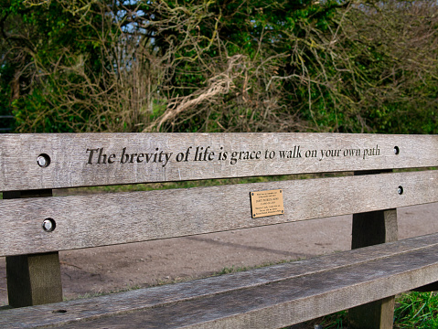 A memorial inscription on a wooden bench reads \
