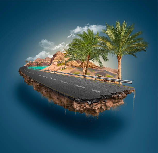 ilustración en 3d de un pedazo de desierto aislado, diseño creativo de viajes y carreteras turísticas con palmeras. ilustración inusual - off road vehicle fotos fotografías e imágenes de stock