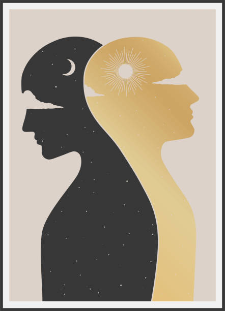 heads of dreams night and day heads of dreams. vintage drawing of an dreaming couple abstract silhouettes stock illustrations