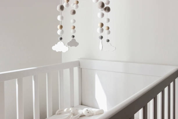 istock cute cloud mobile hanging on crib in nursery room 1389273385