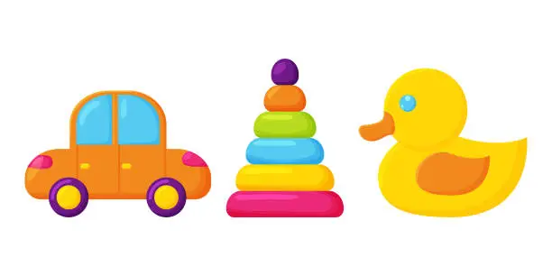 Vector illustration of Toy cute orange car, pyramid and yellow duck on white background. Vector illustration in cartoon style. Vector illustration
