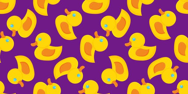 illustrations, cliparts, dessins animés et icônes de joli motif sans couture avec canard en caoutchouc jaune sur le fond. illustration de bébé jouet de canard. illustration vectorielle - plastic flamingo