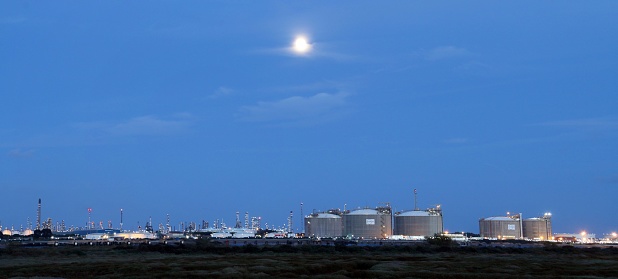 Huelva, Spain. 11 21 2018. Cepsa petrochemical refinery, Atlantic Copper metallurgical facilities and Enagás regasification plant deposits.