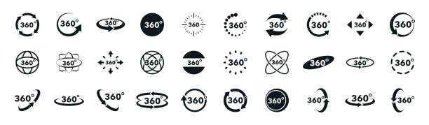 360 degrees view vector icons set. Signs with arrows to indicate the rotation or panoramas to 360 degrees. Virtual reality icons. Rotate symbol isolated in white background. Vector illustration 360 degrees view vector icons set. Signs with arrows to indicate the rotation or panoramas to 360 degrees. Virtual reality icons. Rotate symbol isolated in white background. Vector illustration 360 degree view stock illustrations