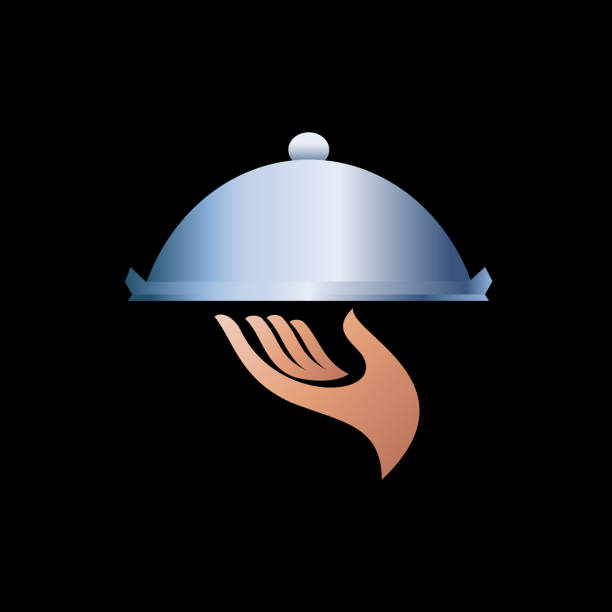 istock Hand of waiter with tray and cloche. Vector pattern for restaurant service, menu, hotel and catering. 1389278931