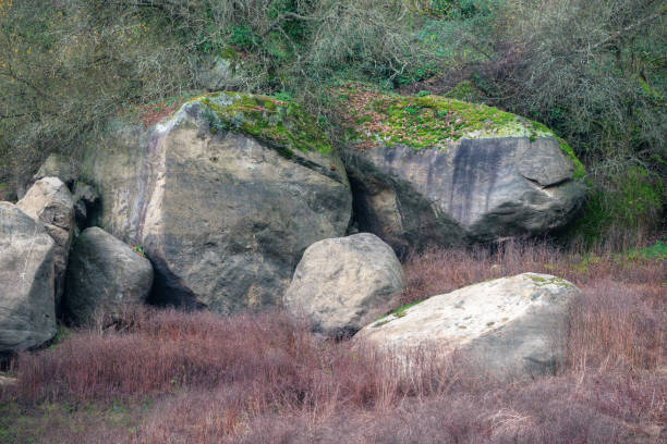 istock Large granite blocks with the top covered with moss 1389279554