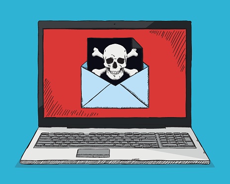 Hand drawn, colorful vector illustration of computer virus spam email on laptop screen.
