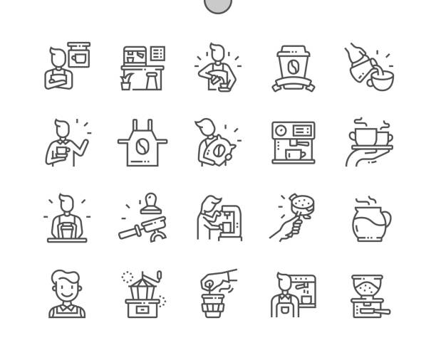 Barista. Making coffee. Coffee grinder. Portafilter. Pixel Perfect Vector Thin Line Icons. Simple Minimal Pictogram Barista. Making coffee. Coffee grinder. Portafilter. Pixel Perfect Vector Thin Line Icons. Simple Minimal Pictogram barista stock illustrations