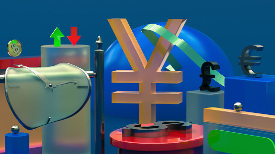 Yen symbol rises above the symbols of other currencies against the background of abstract multi-colored shapes and ribbons. 3D rendering. Concept of finance, exchange rates, forex