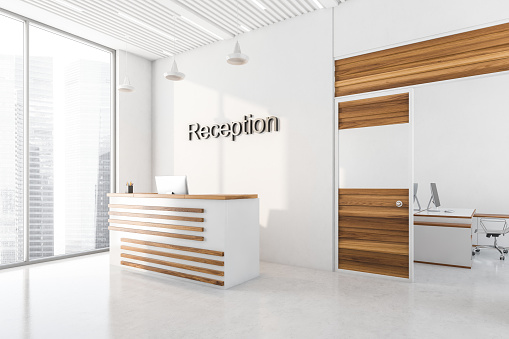 White and light oak wooden decoration elements of bright corner office reception area with a front desk. Panoramic windows with financial downtown city view. 3d rendering