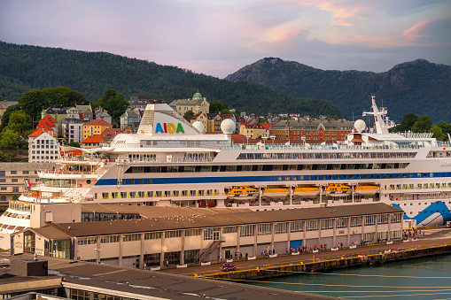 Bergen, Norway - July 30, 2018: Aidaluna cruise ship in port of famous nordic city