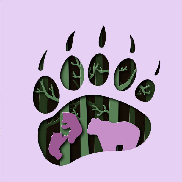 istock Paper cut deep style footprint and she-bear with cubs in the forest 1389290788