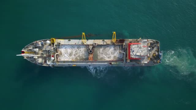 Aerial footage over Sand dredging ship in Mediterranean Sea