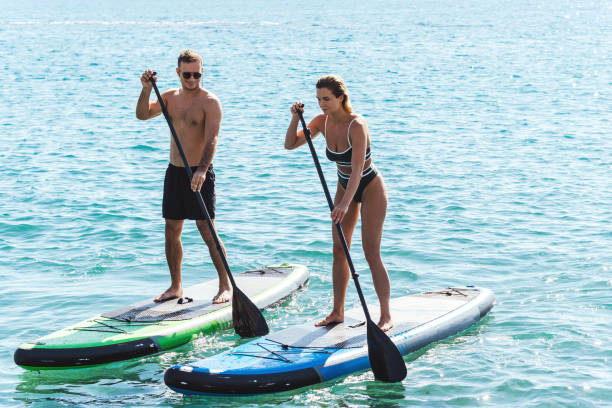 male and female surfers riding standup paddleboards in ocean. - women paddleboard bikini surfing imagens e fotografias de stock