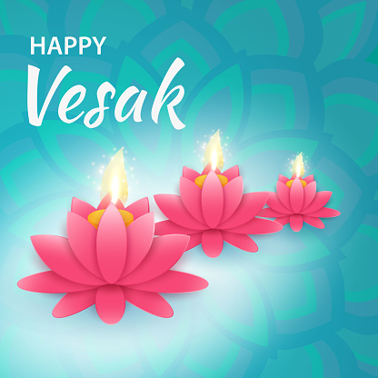Banner card for Vesak day with Buddha candle, flower and east asian elements in paper cut style. Background for congratulation. Vector