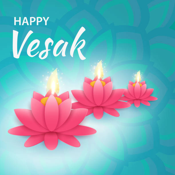 Banner card for Vesak day with Buddha candle, flower and east asian elements in paper cut style. Background for congratulation. Vector Banner card for Vesak day with Buddha candle, flower and east asian elements in paper cut style. Background for congratulation. Vector illustration happy vesak day stock illustrations