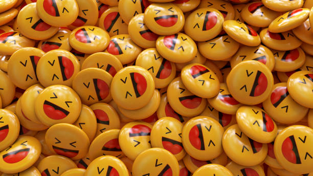 3d-rendering eines bündels gelber lachender emojis glänzender pillen - lachen stock-fotos und bilder