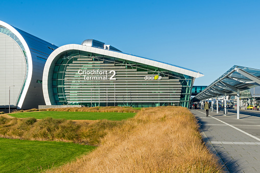 Dublin, Republic of Ireland - Wide angle view of the exterior of Terminal 2 at Dublin International Airport. The airport is located in Collinstown, Dublin.