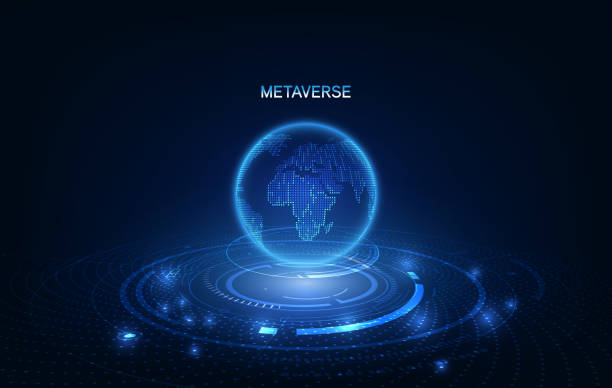 Metaverse, virtual reality, augmented reality and blockchain technology, user interface 3D experience. Word metaverse with world map globe in futuristic environment background. Metaverse, virtual reality, augmented reality and blockchain technology, user interface 3D experience. Word metaverse with world map globe in futuristic environment background. meta description stock illustrations
