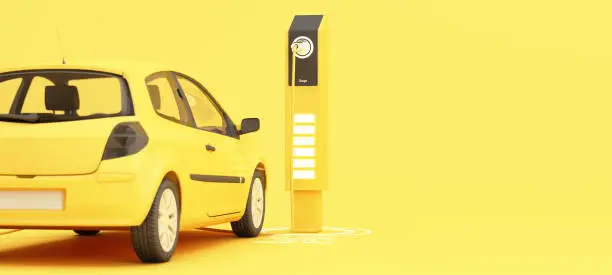 Photo of The electric car is refueling through the charger and shows on the screen. Indicates charging status. on a yellow background 3d rendering