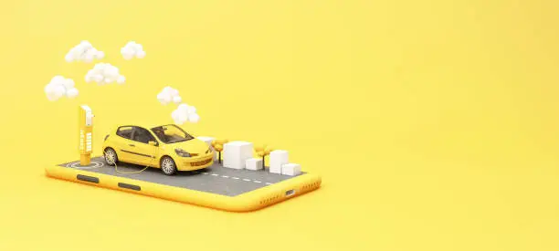 Photo of The electric car is refueling through the charger and shows on the phone screen. Indicates charging status on a yellow background 3d rendering