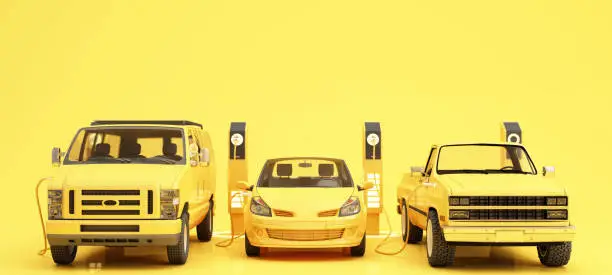 Photo of The electric car is refueling through the charger and shows on the screen. Indicates charging status and has van and pickup truck on the side. on a yellow background 3d rendering