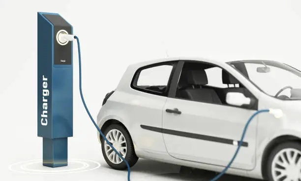 Photo of The electric car is refueling through the charger and shows on the screen. Indicates charging status. on a white background 3d rendering