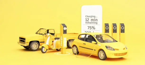 Photo of The electric car is refueling through the charger and shows on the phone screen. Indicates charging status and has scooter and pickup truck on the side. on a yellow background 3d rendering