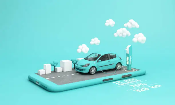 Photo of The electric car is refueling through the charger and shows on the phone screen. Indicates charging status and has scooter and pickup truck on the side. on a green turquoise background 3d rendering