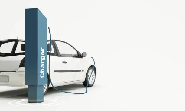 Photo of The electric car is refueling through the charger and shows on the screen. Indicates charging status. on a white background 3d rendering