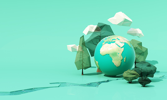 innovador póster o pancarta del Día Mundial del Medio Ambiente con bajo árbol de polietileno y nube y río en el suelo con tierra globo terráquea sobre fondo verde Ilustración de renderizado 3D photo