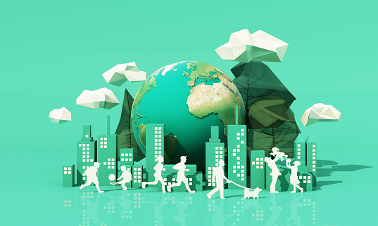 innovative Poster Or Banner Of World Environment Day with low poly tree and cloud and building city park on the floor and paper people with globe earth on green background 3d rendering illustration