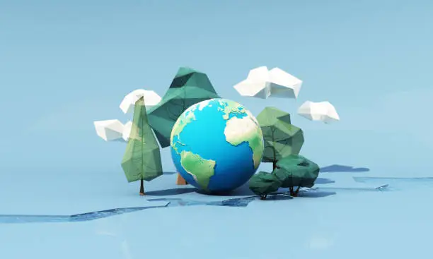 innovative Poster Or Banner Of World Environment Day with low poly tree and cloud and river on the floor with globe earth on blue background 3d rendering illustration