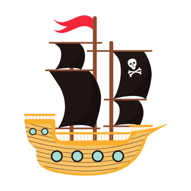 illustrazioni stock, clip art, cartoni animati e icone di tendenza di nave pirata con vele nere, scull e ossa incrociate e bandiera rossa. cartone animato barca bucaniere in legno. - buccaneer