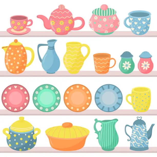 Vector illustration of Ceramic kitchenware set on the shelves. Beautiful decorative handmade ceramics. Kitchen utensils and dinnerware.