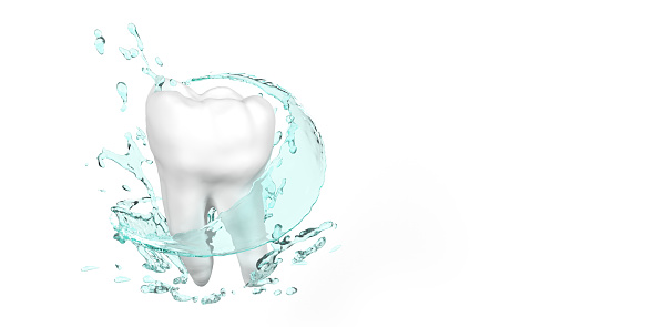 3D healthy teeth and oral hygiene concept template: Turquoise water surrounding white clean healthy tooth. Motivation poster for toothpaste, mouthwash, toothbrush, floss and toothpicks use. Refreshing mouth breath. Dental care, orthodontics illustration background for protection and whitening effect.