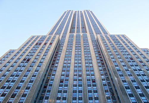 New York City, New York, United States - February 22, 2020: Facade of the Empire State Building on Fifth Avenue
