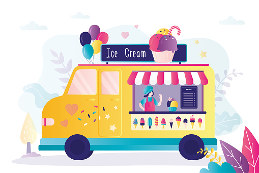 Woman sells popsicles in stall. Colorful trailer with various ice cream on showcase. Girl works in food truck. Small business concept