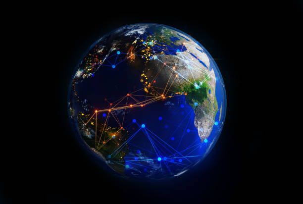 istock Planet Earth 3D rendering illustration. Planet lit up with sun lights showing America continent at nigh 1389305528