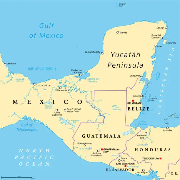 Vector illustration of Yucatán Peninsula political map, large peninsula in southeastern Mexico